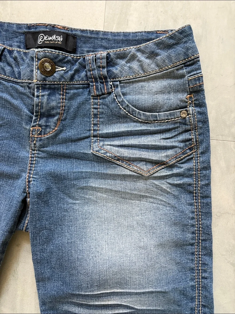 Rewash Blue Faded whiskered stretch Denim Bermuda Shorts/rhinestone studs  decor